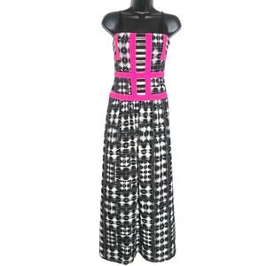 BCBG MAX AZRIA GRACELYNN MAXI COCKTAIL DRESS BLACK WHITE PINK IKAT EUC SIZE 4